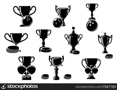 Black and white silhouette sports trophies for bowling with a bowling, ice hockey with a puck and tables tennis with crossed bats, vector illustration