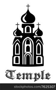 Black and white silhouette Temple icon with with the front facade of the building with three onion domes and the text - Temple - beneath. Temple icon