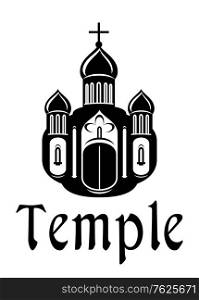 Black and white silhouette temple or church icon with the front facade with three onion domes, windows and the text, suitable for religious and christianity design