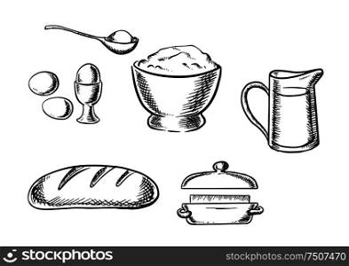 Black and white sketch baking ingredient icons with eggs, flour, milk, bread and butter. Set of baking ingredient icons