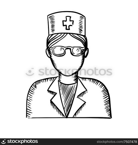 Black and white sketch of a female doctor or nurse wearing glasses and a uniform. Sketch of a doctor or nurse