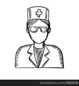 Black and white sketch of a female doctor or nurse wearing glasses and a uniform. Sketch of a doctor or nurse