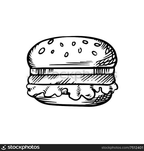 Black and white sketch of a hamburger with a beef patty on a sesame bun, for fast food theme. Black and white sketch of a hamburger