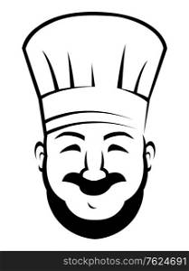 Black and white sketch of a happy smiling chef with a beard and moustache wearing a traditional white toque. Smiling chef with a beard and moustache