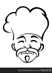 Black and white sketch of a japanese male chef with a goatee and moustache wearing a traditional white toque, head only