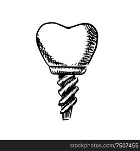 Black and white sketch of a tooth implant with a screw fitting for dentistry themes design, isolated on white. Isolated sketch of a tooth implant