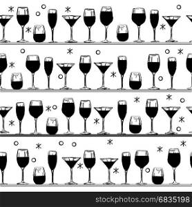 Black and white sketch of cocktail glasses on shelf, seamless pattern