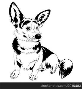 Black and white sketch of dog Welsh Corgi breed sitting and smiling. vector sketch dog Welsh corgi smiling