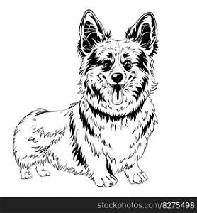 Black and white sketch of dog Welsh Corgi breed staying and smiling. vector sketch dog Welsh corgi smiling