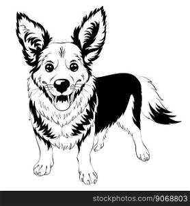 Black and white sketch of dog Welsh Corgi breed staying and smiling. vector sketch dog Welsh corgi smiling