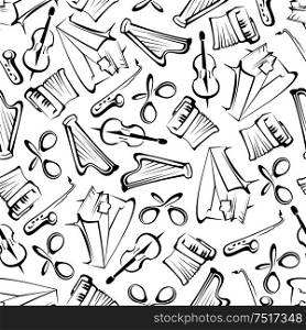 Black and white sketched musical instruments background for arts theme or scrapbook page backdrop design usage with seamless pattern of grand pianos, saxophones, violins, harps, accordions and mexican maracas. Seamless sketched musical instruments pattern