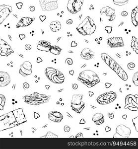 Black and white sketchy bread and bakery seamless pattern. Hand drawn items with fun doodle elements. Objects with white fill and black outline on transparent background. Swatch included. Bakery items black and white pattern with doodle elements