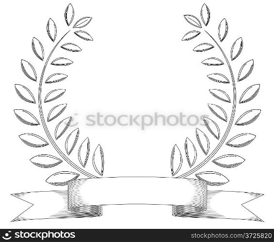 Black and white sketchy vintage wreath and banner isolated on white.