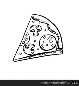 Black and white slice of pepperoni pizza with mushrooms, high angle view, sketch icon. Black and white slice of pepperoni pizza
