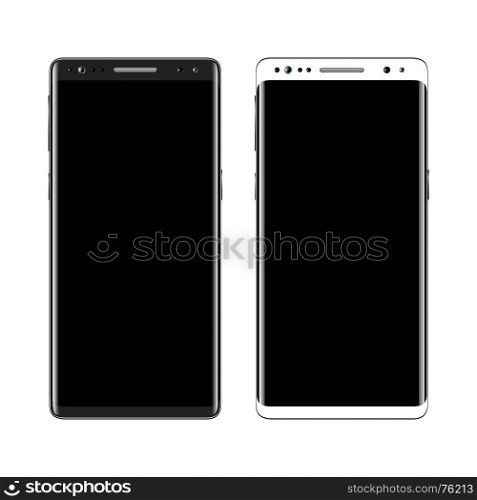 Black and white smartphone isolated. Black and white smartphone isolated on white background. Mobile phone with blank screen. Cell phone mockup design. Vector illustration.
