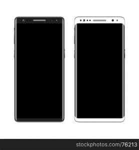 Black and white smartphone isolated. Black and white smartphone isolated on white background. Mobile phone with blank screen. Cell phone mockup design. Vector illustration.