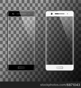 Black and white smartphone. Mobile smart phone with transparent screen. Cell phone mockup design. Vector illustration.. Black and white smartphones isolated