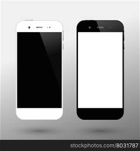 Black and white smartphones. Smartphone isolated. Mobile phone mockup design. Vector illustration. Black and white smartphones