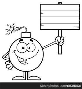 Black And White Smiling Bomb Cartoon Mascot Character Holding A Wooden Blank Sign. Illustration Isolated On White Background