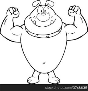 Black And White Smiling Bulldog Cartoon Mascot Character Showing Muscle Arms