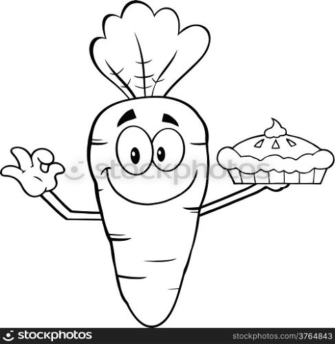 Black And White Smiling Carrot Cartoon Character Holding Up A Pie