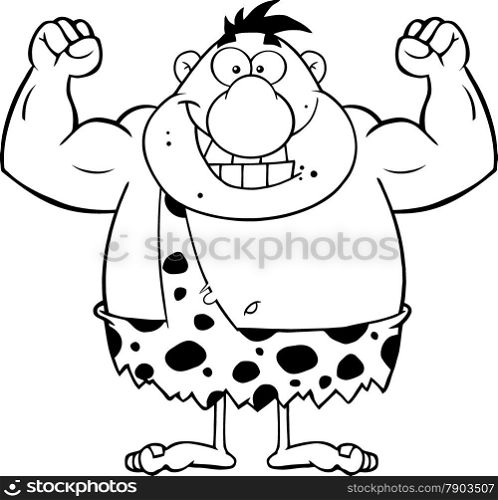 Black And White Smiling Caveman Cartoon Character Flexing