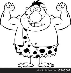 Black And White Smiling Caveman Cartoon Character Flexing