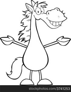Black and White Smiling Horse Cartoon Mascot Character With Open Arms