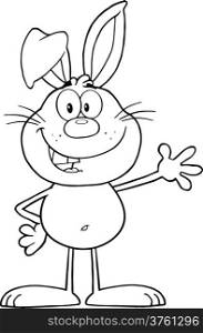 Black And White Smiling Rabbit Cartoon Character Waving For Greeting