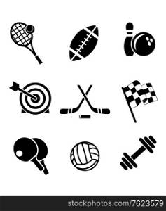 Black and white sporting icons depicting tennis, football, bowls, archery, hockey, motor racing, weight lifting, table tennis,rugby and volleyball