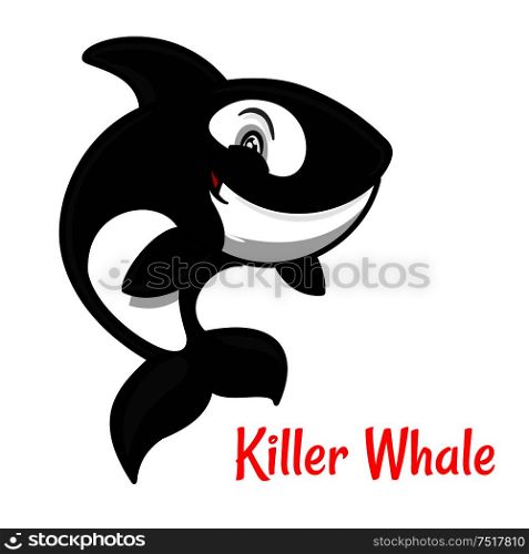Black and white spotted killer whale cartoon character leaping out the water to breathe. Cute orca with happy smile for zoo mascot or t-shirt print design. Cartoon black and white killer whale or orca