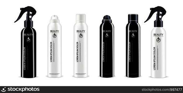 Black and White spray bottle cosmetics package with different color dispenser cap. Isolated container design with pump for liquid, water, oil, tonic and other cosmetic products. Vector mockup illustration.. Black and white spray bottle cosmetics package