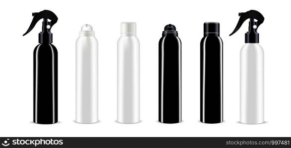 Black and white spray bottle cosmetics package with different color dispenser cap. Isolated container design with pump for liquid, water, oil, tonic, other products. Vector mockup illustration.. Black and white spray bottle cosmetics package