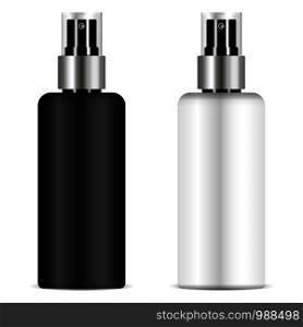 Black and white sprayer bottle set with transparent lid for for cosmetic, perfume, deodorant, freshener. Realistic Vector Illustration isolated on background.. Black and white sprayer bottle set transparent lid