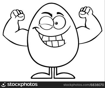 Black And White Strong Egg Cartoon Mascot Character Winking And Showing Muscle Arms. Illustration Isolated On White Background