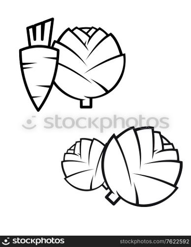 Black and white stylised line drawing of a fresh whole carrots, cabbage and artichokes
