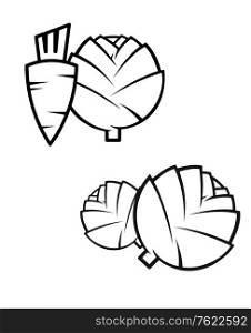 Black and white stylised line drawing of a fresh whole carrots, cabbage and artichokes