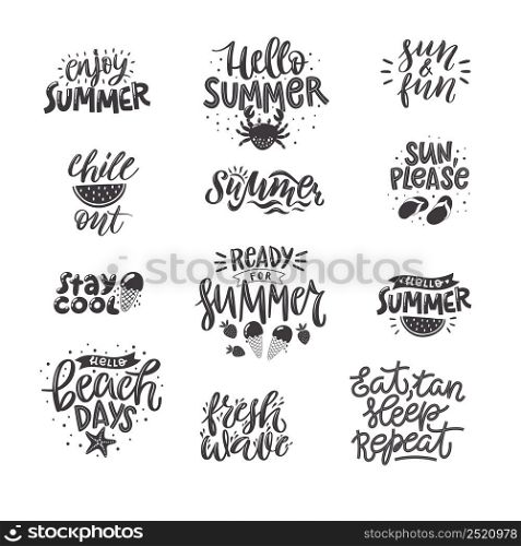 Black and white summer lettering set in modern style. Hand-drawn holiday decorations. Isolated vector illustration designs with summer elements. Vector typography collection.