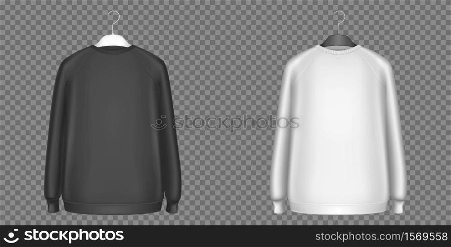 Black and white sweatshirts, longsleeves shirts isolated on transparent background. Vector realistic mockup of sweaters, men pullover in front view. Blank template of basic top clothes. Black and white sweatshirts, longsleeves shirts