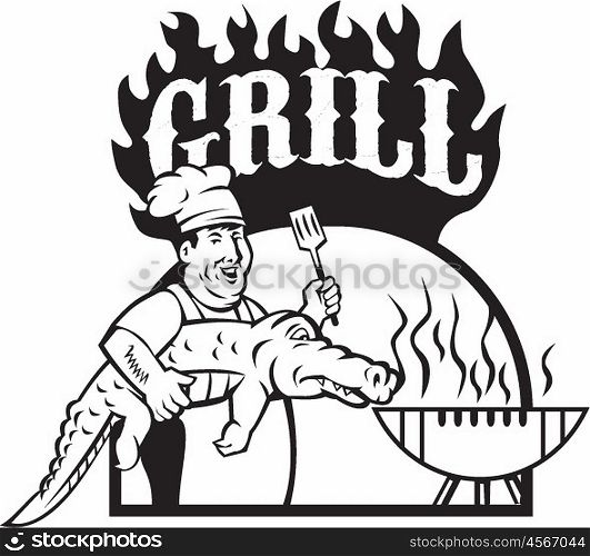 Black and white sytle illustration of a chef smiling carrying alligator in one hand and holding spatula in the other hand cooking with bbq grill viewed from front set inside half circle with the word text Grill done in cartoon style. . Chef Carry Alligator Grill Cartoon