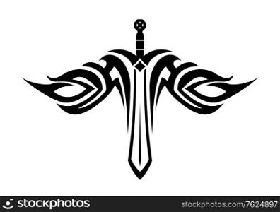 Black and white tattoo of a sharp sword with flowing wings in tribal style