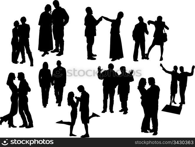 Black and white ten couples silhouettes. Vector illustration. One click color changed