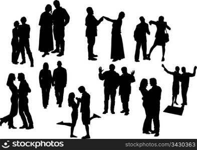 Black and white ten couples silhouettes. Vector illustration. One click color changed