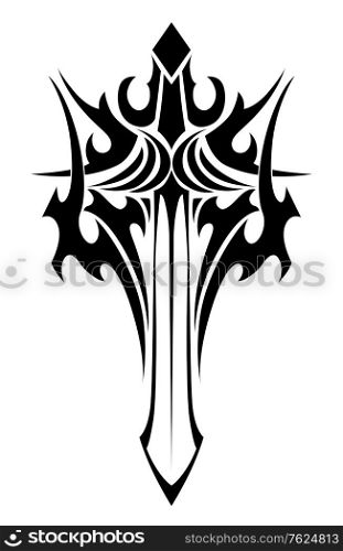 Black and white tribal illustration of an ornate winged sword with a stylized handle and sharp blade for tattoo design. Winged sword