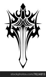 Black and white tribal illustration of an ornate winged sword with a stylized handle and sharp blade for tattoo design. Winged sword