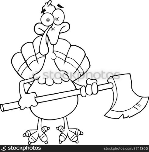 Black and White Turkey With Ax Cartoon Mascot Character