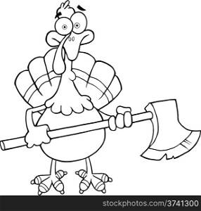 Black and White Turkey With Ax Cartoon Mascot Character