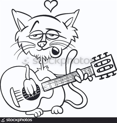 Black and White Valentines Day Cartoon Illustration of Funny Cat in Love Playing the Guitar and Singing for Coloring Book