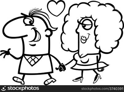 Black and White Valentines Day Cartoon Illustration of Funny Couple in Love for Coloring Book