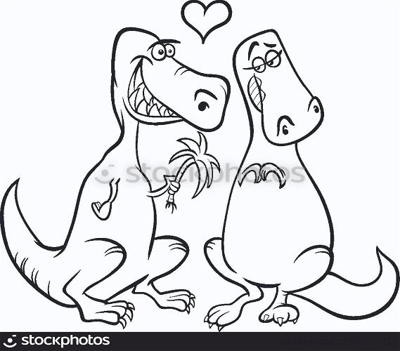 Black and White Valentines Day Cartoon Illustration of Funny Dinos Couple in Love for Coloring Book
